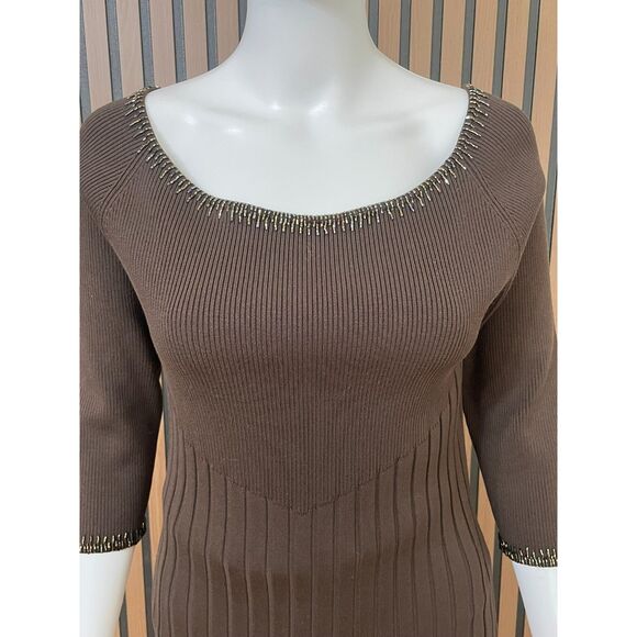 Cache Women's M Brown Blouse Silk Top Beaded Y2k Boho Scoop Neck Vintage - Picture 3 of 9